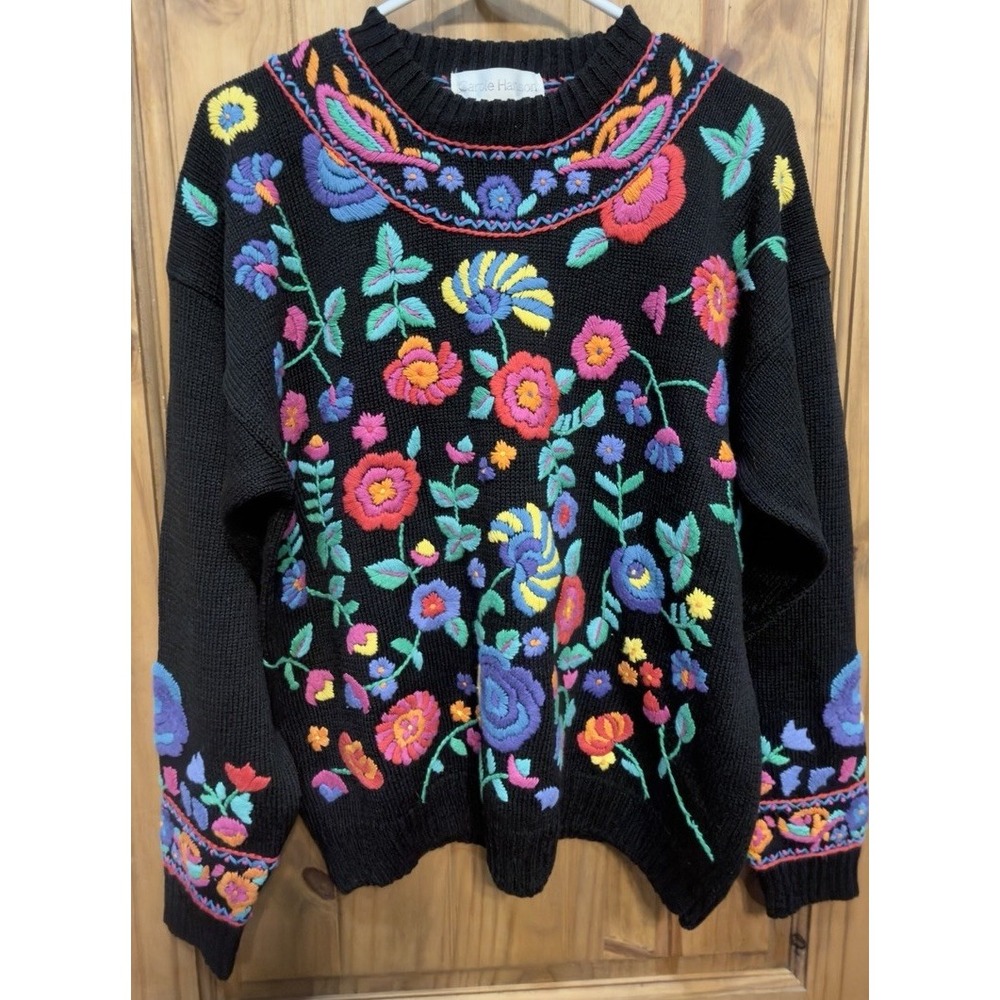 Vintage Carole Hanson L Floral Embroidered Sweater Black Ramie Cotton Boho